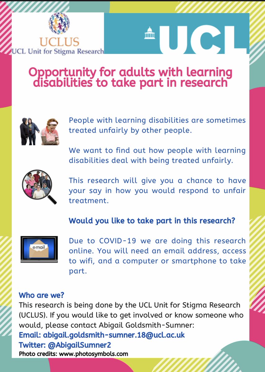 AbigailSumner2's tweet photo. Recruiting adults with learning disabilities to pilot study of new measure of how they respond if treated unfairly by others.  Please RT. DM @AbigailSumner2 if you or someone you know may be interested. #LDstigma #DClinpsy @UCLpals @KScior @LisaR_Psy @UCL_DClinPsy @Uclusresearch https://t.co/bTDlR7PuID