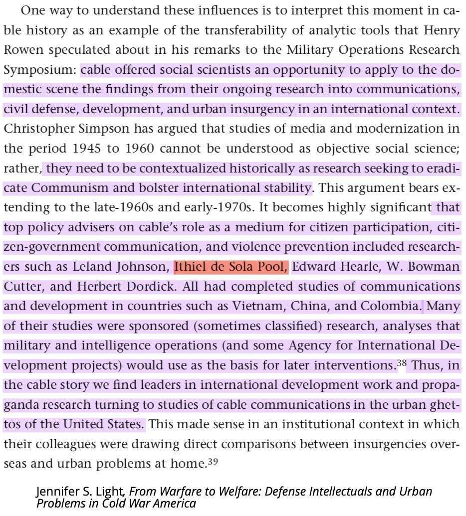 All the major cable commissions, experiments and policies were heavily influenced by the COIN vanguard and their research institutes. Through their conferences, reports, consultancies and the rest, psyoperators and counterinsurgents set the CATV agenda. 38/
