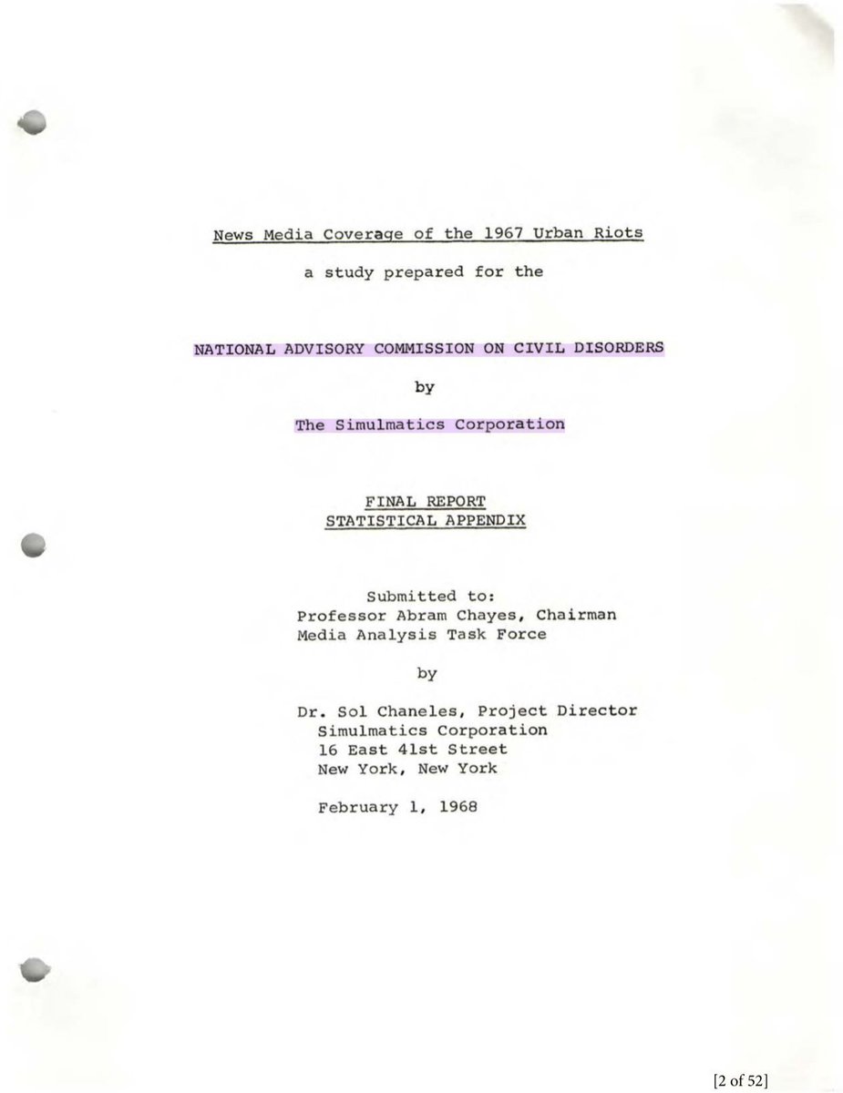 The Kerner Commission in the wake of black rebellions across hundreds of cities in '67 contracted Simulmatics for its media analysis, which had recently completed a report linking foreign and domestic COIN, including analysis of police comms and coordination in Watts. 39/