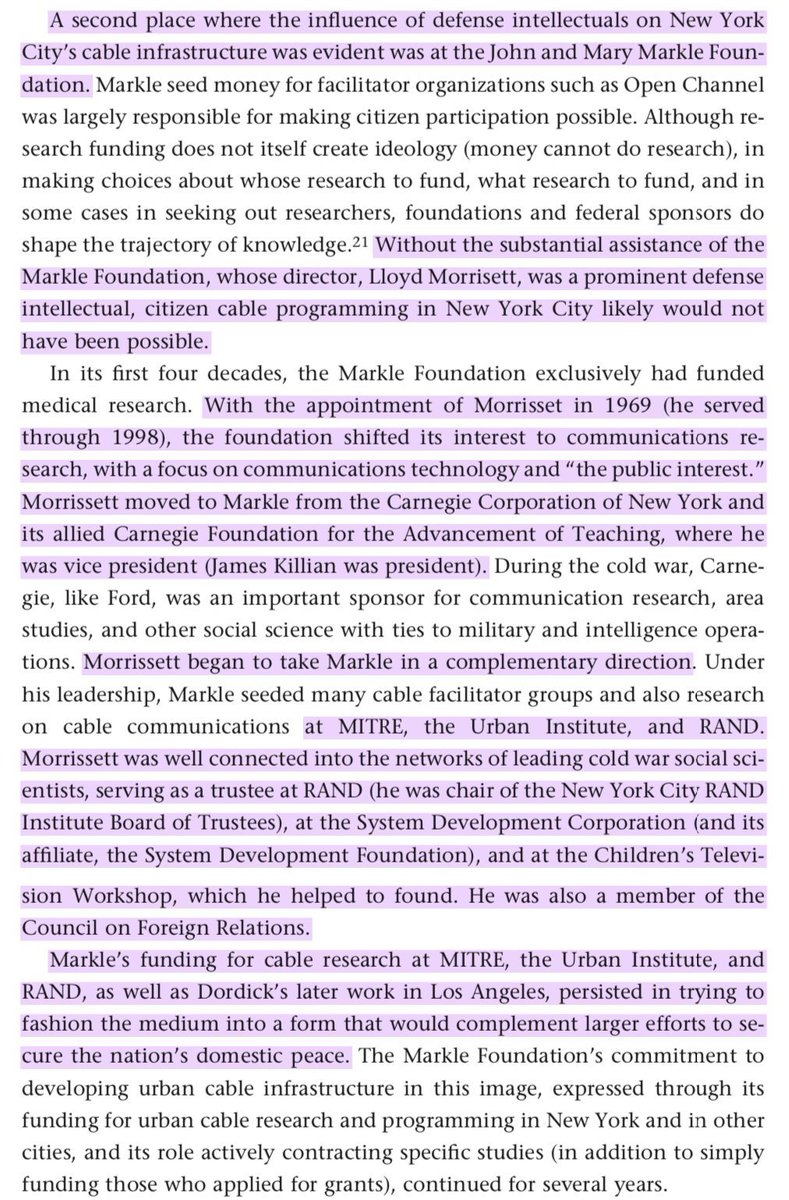 Bundy's Ford and Lloyd Morrisett's Markle Foundation were the main funders of the military-intel cable push, led by RAND, MITRE et al.No coincidence they also co-founded and sponsored Children's Television Workshop and other programming/experiments aimed at the ghettos. 44/