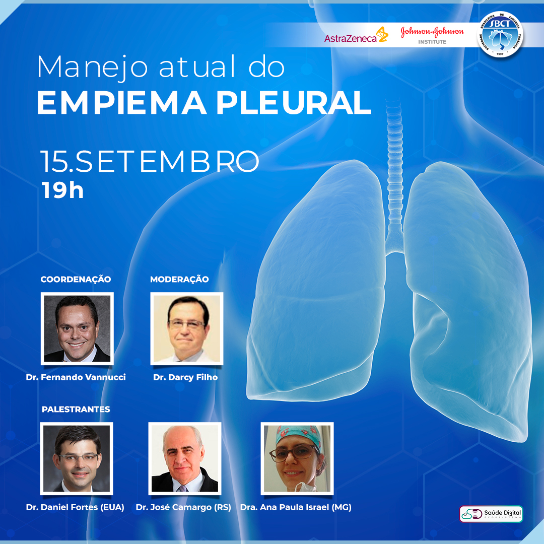 Webinar SBCT: 15/09/2020 - 19h - Manejo atual do empiema pleural
Inscrições : 
conteudo.saudedigital.tech/sbct-15-09-man…