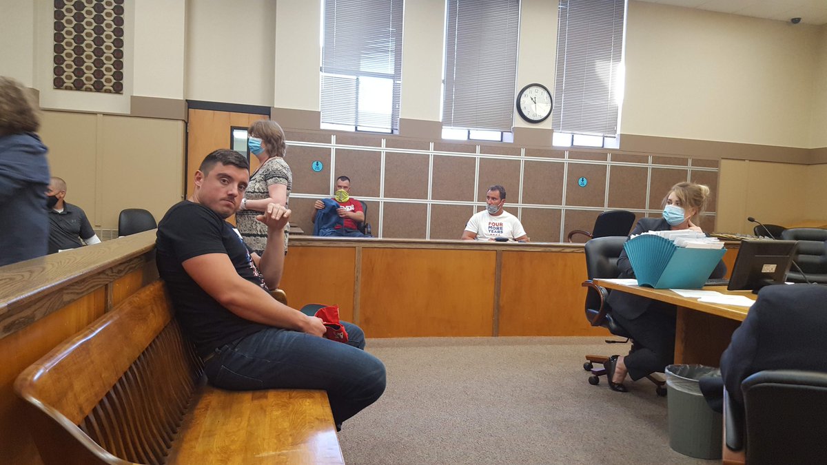 Andrey Zaytsev (also with a Keep America Great hat) told me I was not allowed to take his picture (I am). On the right in the jury box is another defendant in the case, Yuriy Kachankov, in a "Four More Years" shirt.