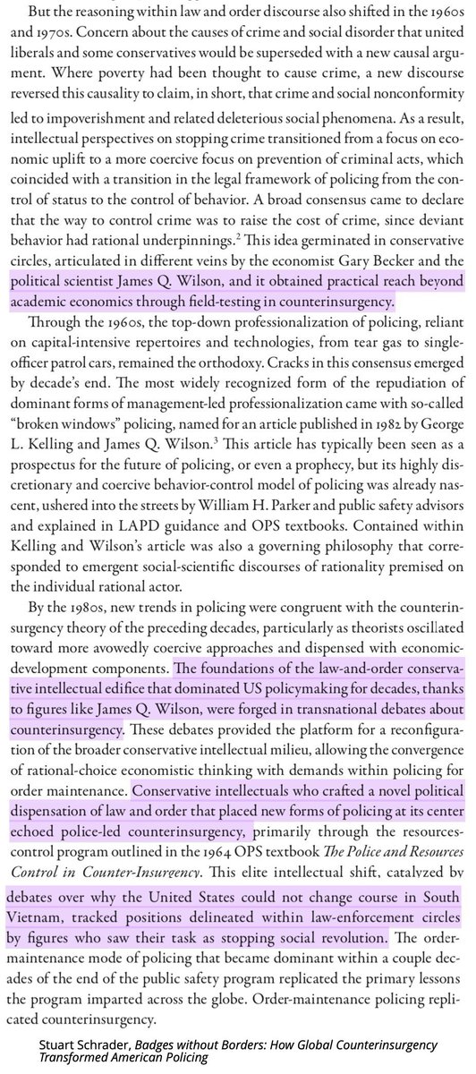 The inclusion of James Q. Wilson also merits mention, who at that very time was leading the application of the latest developments in counterinsurgency theory to policing, forming the basis for the "Broken Windows" doctrine he would debut a decade later. 46/