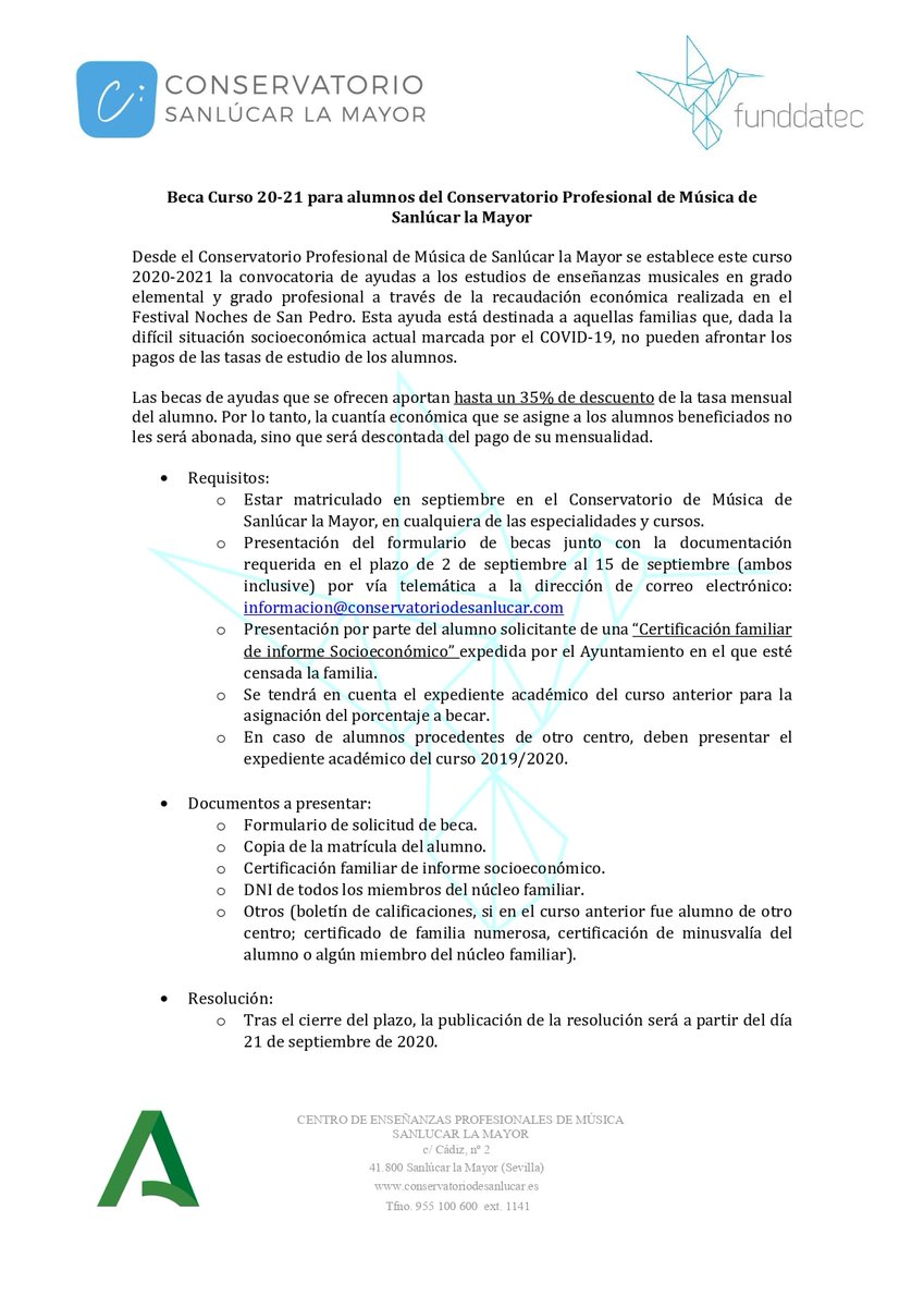 Este año os traemos muy buenas noticias de la mano de El AMPA del Conservatorio, "El Atril".
Gracias a la recaudación obtenida de los conciertos del Festival Noches de San Pedro podemos abrir la primera Bolsa de Becas para la ayuda al estudio del alumnado del Conservatorio.