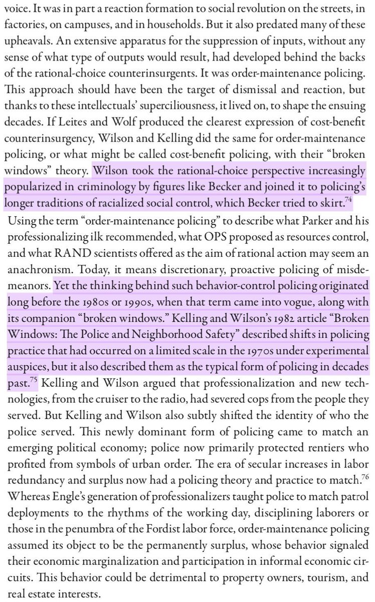 The inclusion of James Q. Wilson also merits mention, who at that very time was leading the application of the latest developments in counterinsurgency theory to policing, forming the basis for the "Broken Windows" doctrine he would debut a decade later. 46/