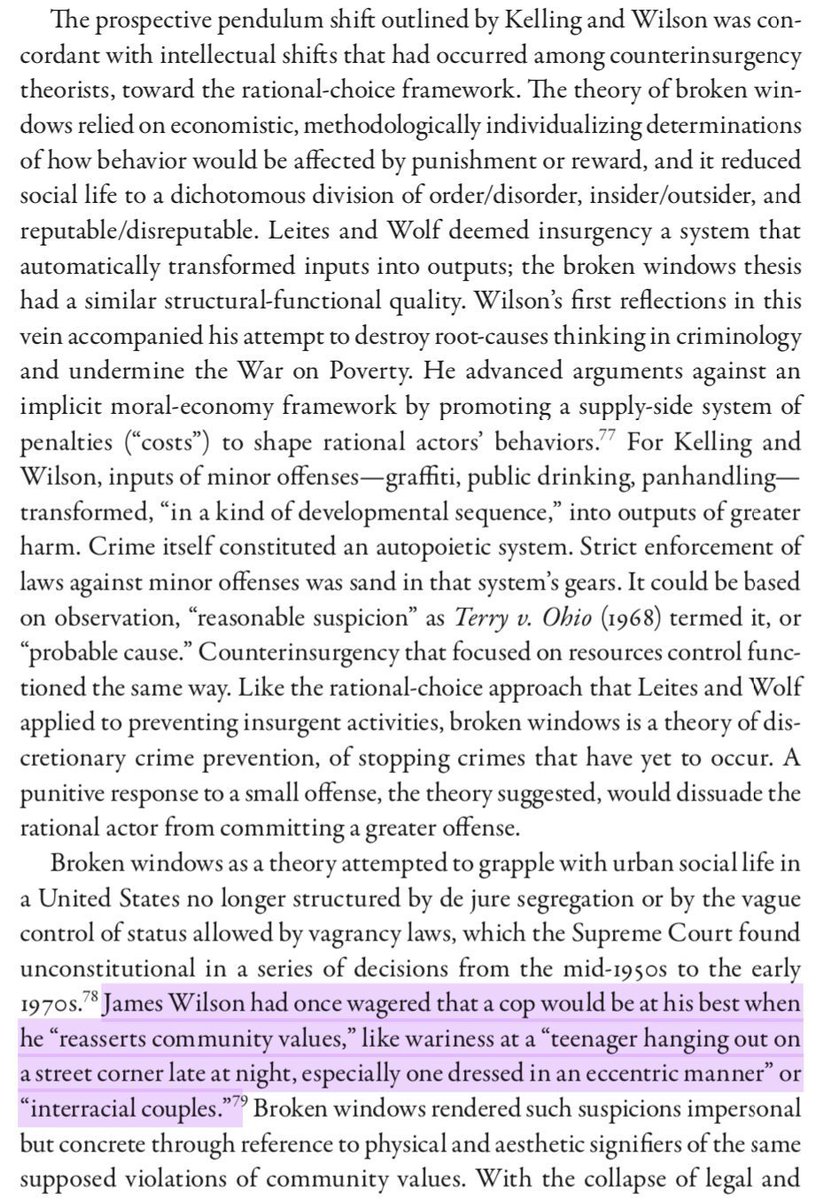 The inclusion of James Q. Wilson also merits mention, who at that very time was leading the application of the latest developments in counterinsurgency theory to policing, forming the basis for the "Broken Windows" doctrine he would debut a decade later. 46/