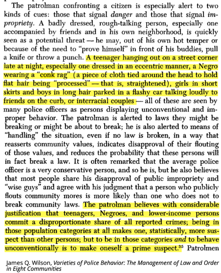 The inclusion of James Q. Wilson also merits mention, who at that very time was leading the application of the latest developments in counterinsurgency theory to policing, forming the basis for the "Broken Windows" doctrine he would debut a decade later. 46/