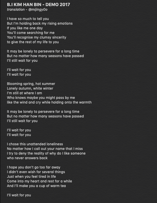 Zombin B I Kim Hanbin Demo 17 Lyrics I Have So Much To Tell You But I M Holding Back My Rising Emotions If You Like Me One Day You Ll Come Zombin B I Kim Hanbin Demo 17 Lyrics I Have So Much To Tell You But I M Holding Back My Rising Emotions If You Like Me One Day You Ll Come