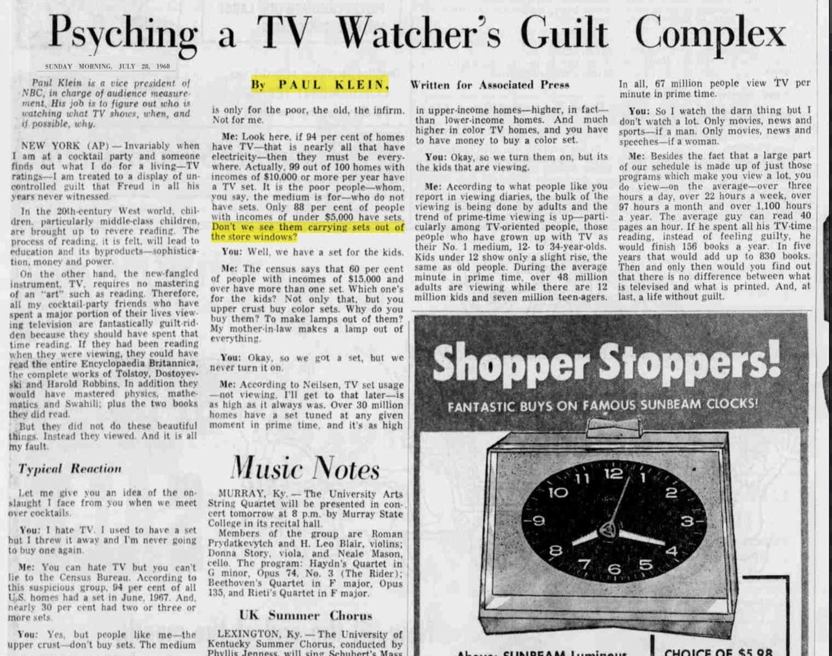 Not long after 58k Army/Nat. Guard troops had put down the riots, Klein indulged in some nasty dog-whistling in an AP piece syndicated nationwide. Arguing against the idea that TV is only for the poor, he quipped:"Don& #39;t we see *them* carrying sets out of the store windows?" 52/