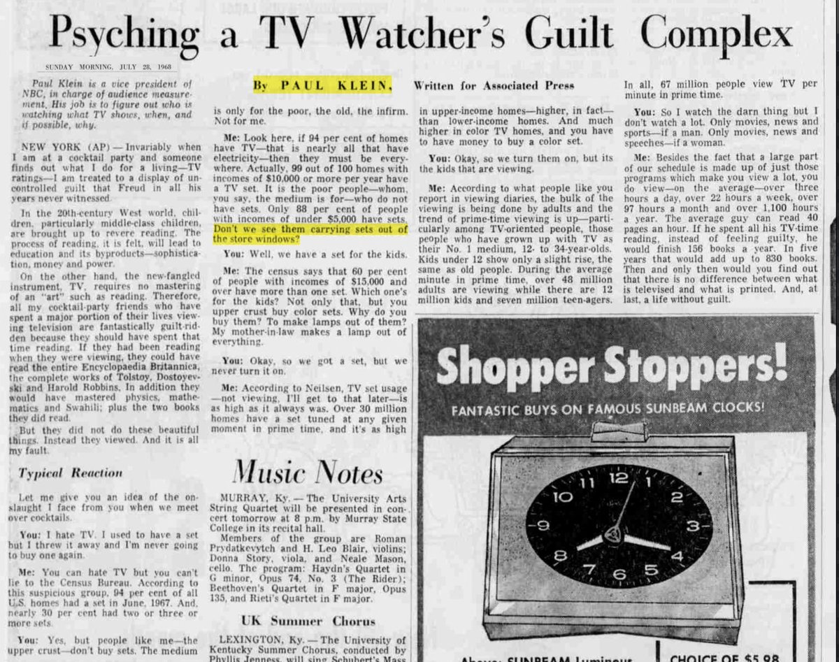 Not long after 58k Army/Nat. Guard troops had put down the riots, Klein indulged in some nasty dog-whistling in an AP piece syndicated nationwide. Arguing against the idea that TV is only for the poor, he quipped:"Don't we see *them* carrying sets out of the store windows?" 52/