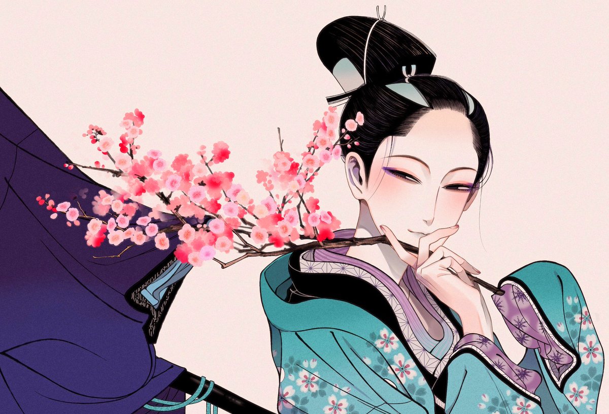 black hair japanese clothes kimono makeup hair ornament half-closed eyes eyeshadow  illustration images