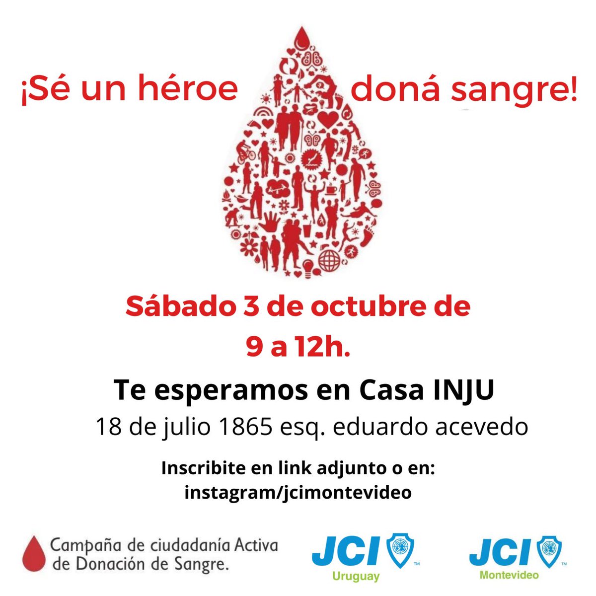 JCIMontevideo's tweet photo. 📆 el 3 de octubre @JCIMontevideo te invita a ser un héroe / una heroína y donar vida.
🩸Sabías que con *40 min de tu día* podés contribuir a salvar hasta 4 vidas?
📍Casa INJU - ⏰ 9a12h
Inscribirte en: https://t.co/yyecjbsvkT https://t.co/h28AtbvuaL