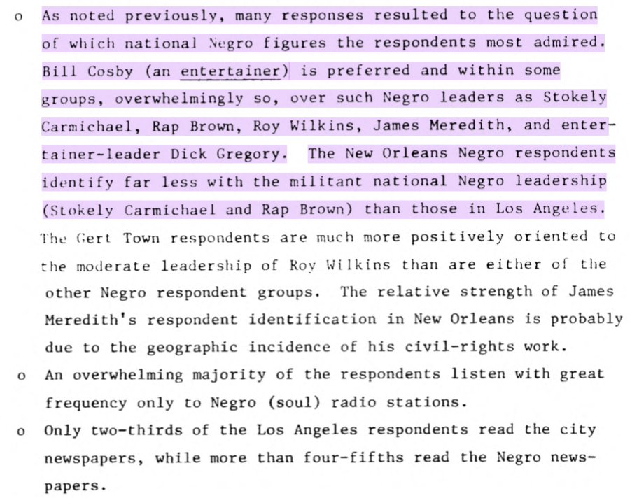 The RAND spooks also had Cosby on their radar. In "Sources of Info in the Ghetto," a survey conducted for their cable report, they measured a target population's "militancy" by admiration levels for Cosby contrasted with militants like Stokely Carmichael and H. Rap Brown. 50/