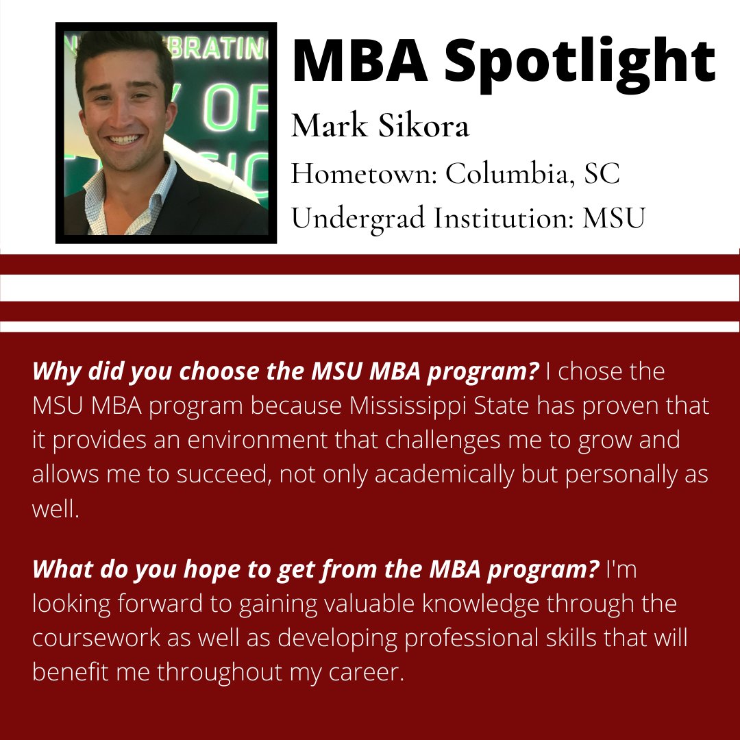 MSStateMBA's tweet image. Today's student spotlight is Mark Sikora! Mark has a degree in Agronomy from MSU. Check out what he hopes to get from the MBA program! #msstatemba

Learn more about the MSU MBA Programs at buff.ly/2C47pek