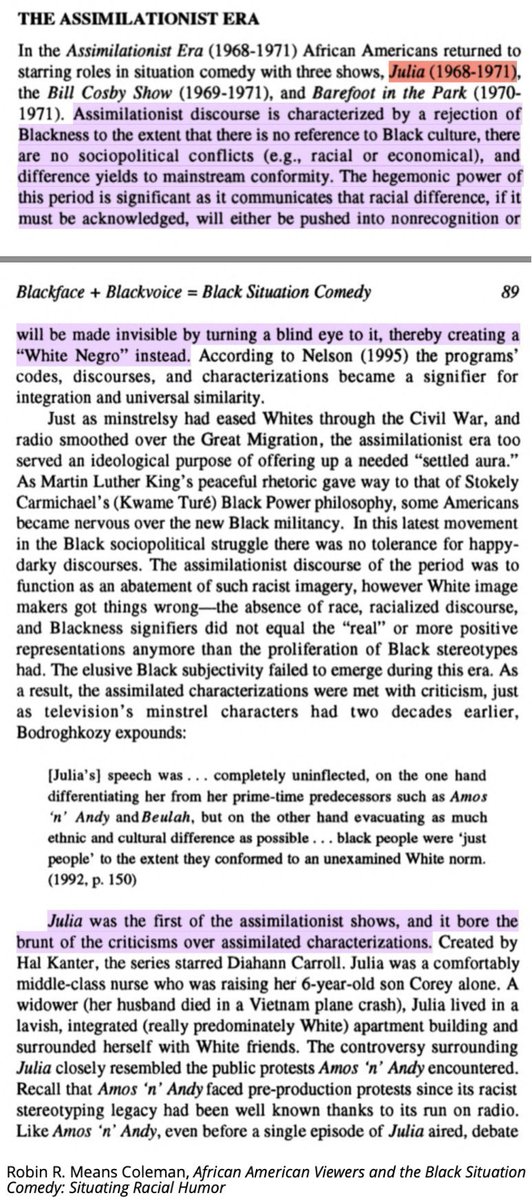 Then in the autumn of '68 following widespread black revolts in the wake of MLK's murder, NBC debuted Julia, starring Diahann Carroll as a "docile, content servant".Julia birthed the assimilationist genre, and it was Paul Klein who put it on air. 51/ https://twitter.com/paulkleinfancam/status/1288247530694770689