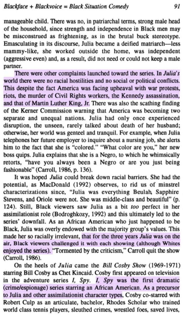 Then in the autumn of '68 following widespread black revolts in the wake of MLK's murder, NBC debuted Julia, starring Diahann Carroll as a "docile, content servant".Julia birthed the assimilationist genre, and it was Paul Klein who put it on air. 51/ https://twitter.com/paulkleinfancam/status/1288247530694770689