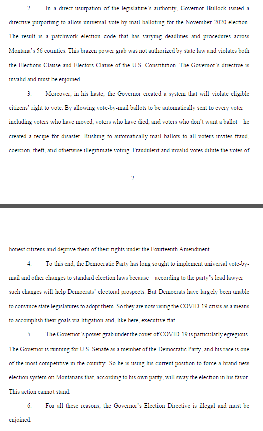 The lawsuit was filed in the U.S. District Court in Helena. It says  @GovernorBullock's directive for mail ballots is unconstitutional. It accuses Bullock of creating a system that "will violate eligible citizens’ right to vote."  #mtpol  #mtnews