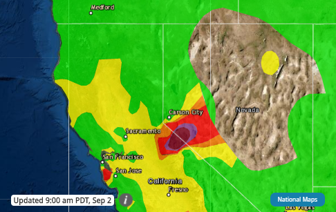NNPHAQ's tweet image. Enjoy the fresh air while it lasts. Unfortunately, smoke from the #NorthComplexFire and the #SlinkFire will impact Reno/Sparks starting this afternoon/evening. Expect Unhealthy for Sensitive Groups to Unhealthy air quality at times. #BeSmokeSmart