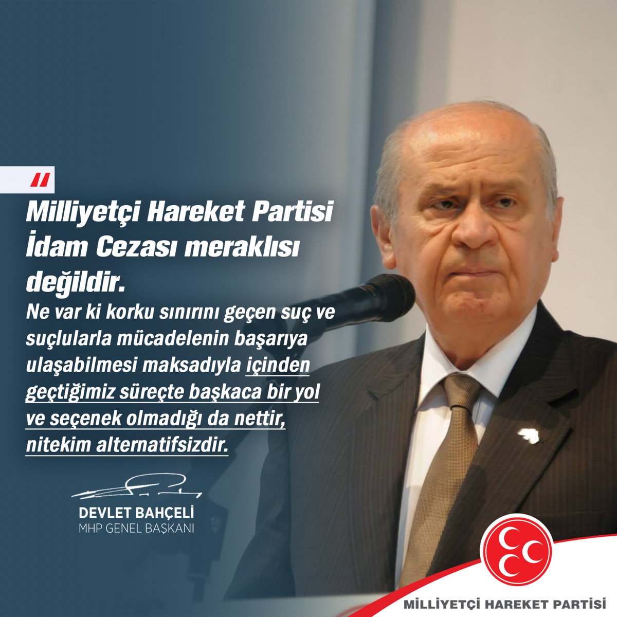 MHP_Bilgi's tweet photo. Milliyetçi Hareket Partisi İdam Cezası meraklısı değildir.
Ne var ki korku sınırını geçen suç ve suçlularla mücadelenin başarıya ulaşabilmesi maksadıyla içinden geçtiğimiz süreçte başkaca bir yol ve seçenek olmadığı da nettir, nitekim alternatifsizdir. https://t.co/KxSPvakf6U