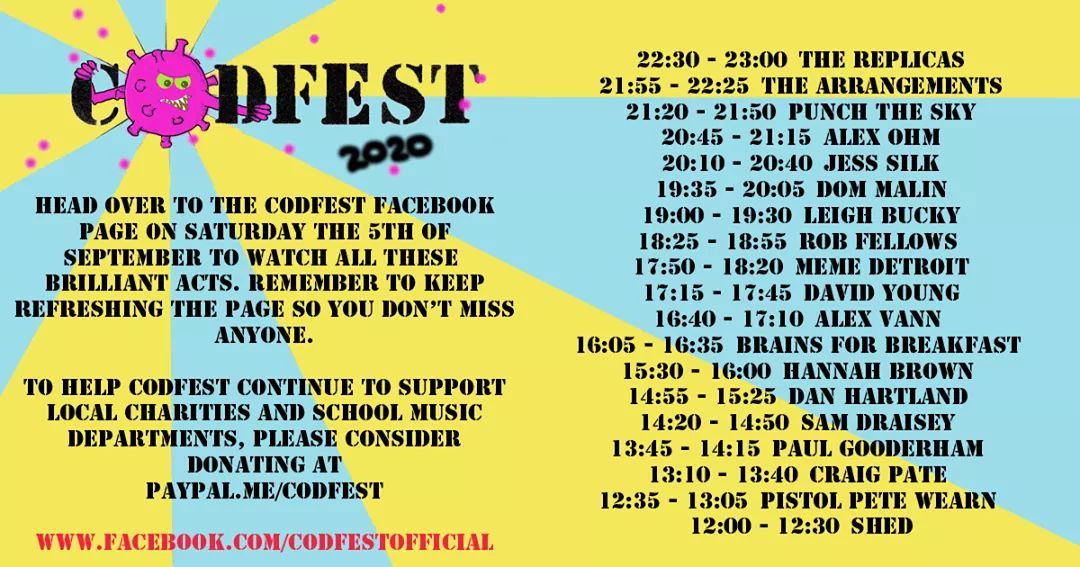 alexander_vann's tweet photo. Check out the @codfest FB page https://t.co/9kjJoS0xar on Sat 5th Sept. It's a fab music festival starts 12pm, usually happens in a field but it's online this year, some great acts.
I'm on at 4.40pm for half hour, trying something 'special' (dtls to follow) ๐ ๐ธ๐ผ๐น
#Codfest https://t.co/Bb7Bdi7QEK