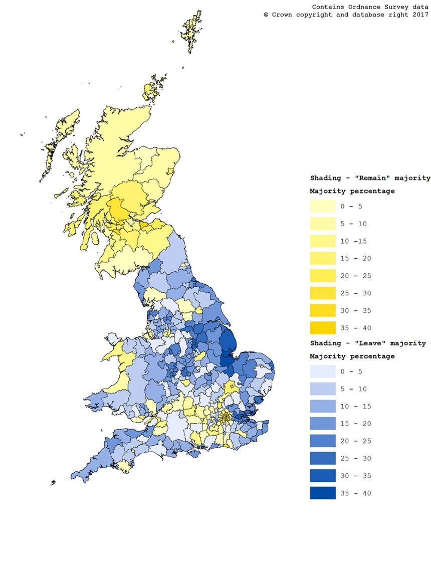 These are the Brexit vote map, a map showing deprivation in England (dark blue is more deprived), a map showing the 2016 US election, and a map of income in the US (dark green is better off)How do you fight right-wing extremism?Fight poverty