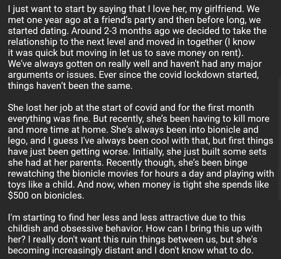 My (27M) girlfriend’s (25F) Bionicle addiction is ruining our relationship