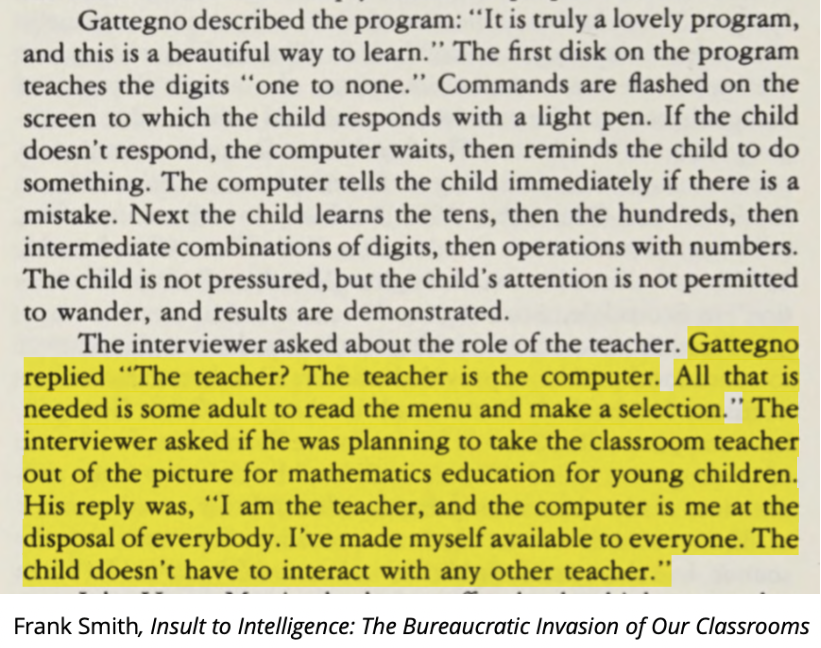 Schools for the Future was the brainchild of Caleb Gattegno, another unhinged McLuhanite with grand ambitions for television. While RAND at least publicly maintained the aim wasn't to use technology to disempower teachers, Gattegno and his booster Paul Klein were more frank. 57/