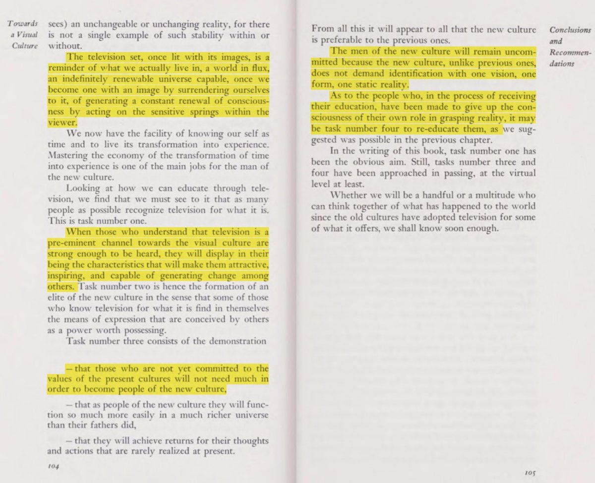 Gattegno& #39;s "Towards a Visual Culture" dressed up in spooky pseudo-philosophe bullshit, what Klein& #39;s partner Zorthian had more pithily said about US PSYOPS in Vietnam: "We can reconstruct these people and we can turn them into an asset for their countries’ welfare." 58/