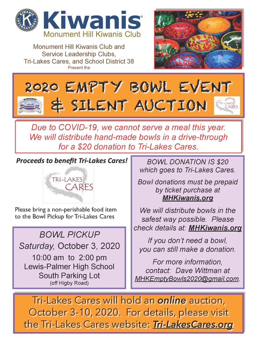EMPTY BOWLS fundraiser to support <a href="/TriLakesCares/">Tri-Lakes Cares</a> Buy tickets to pick up your bowl (sorry no meals this year) at Lewis Palmer High School on Sat, Oct 3, 2020. monumenthillkiwanis.org/machform/view.…