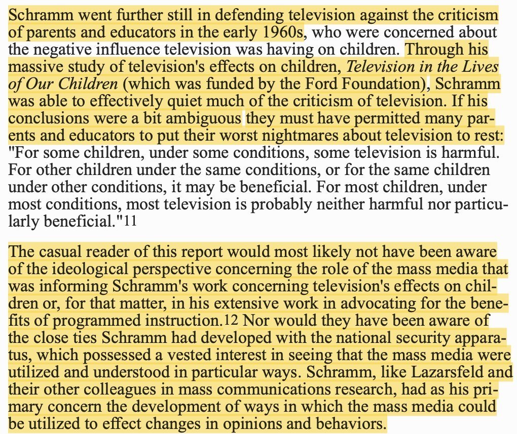 Klein's denial of TV's harm to children for the Ford Fdn was of the same lineage as Schramm's Ford-funded study that had defused TV criticisms in the early 60s. (Full circle: Schramm's co-author Jack Lyle contributed to the RAND report and was Klein's colleague at CPB/CTW) 61/