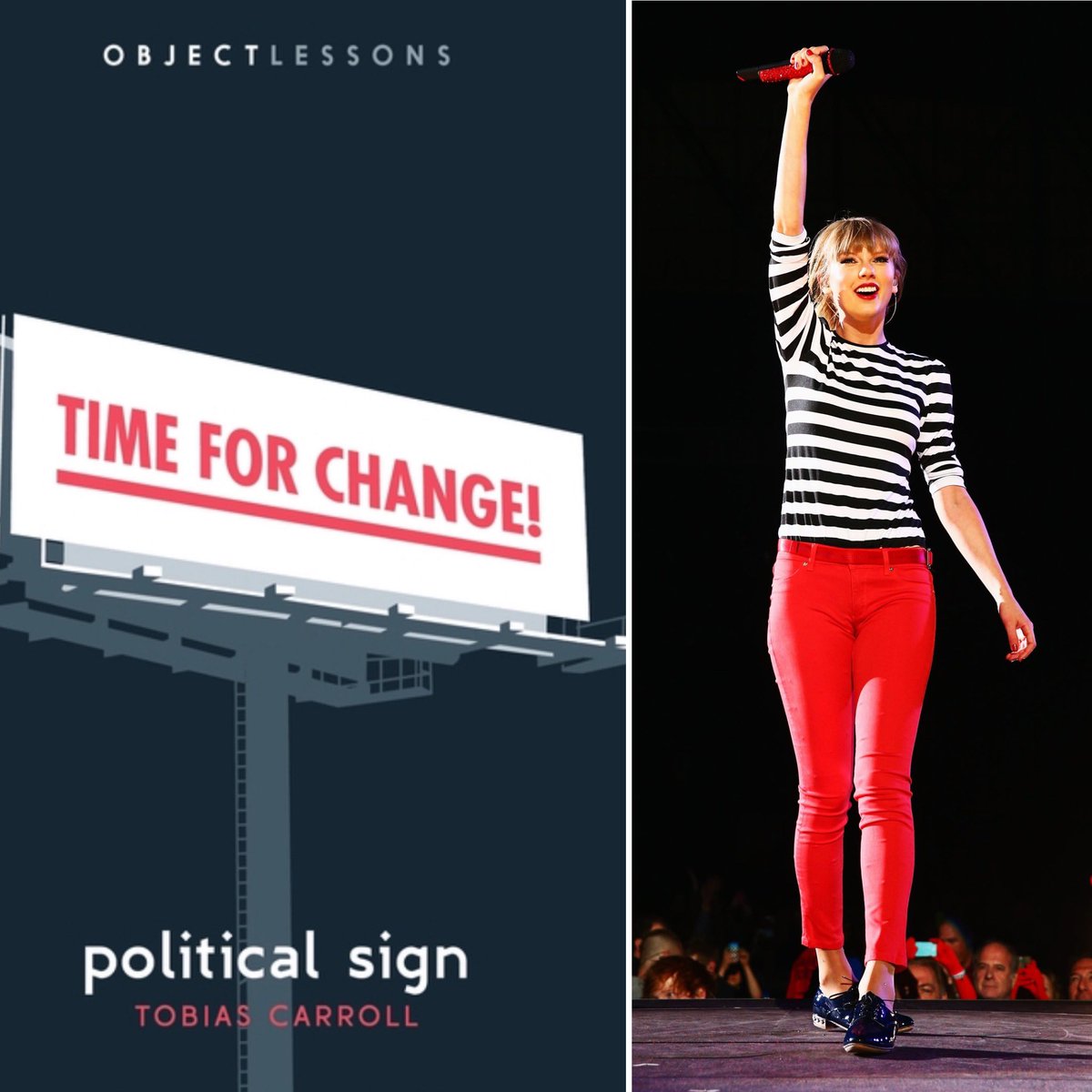 Tobias Carroll’s Political Sign ( @objectsobjects):  https://www.bloomsbury.com/us/political-sign-9781501358128/  Taylor Swift as Political Sign