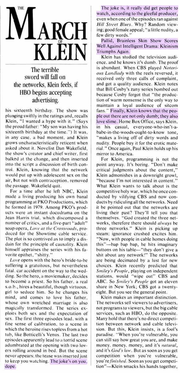 Just as revolting was Paul Klein's contempt for the very people he and his fellow PSYOP vanguardists devoted their careers to programming. Regularly taunting the public as idiots, rubes, shitkickers, sloths, and slime addicts was part of Klein's cultivated brand. 62/