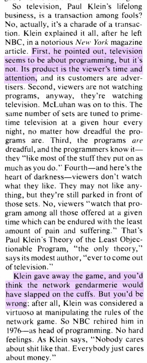 This is how Klein built his brand as network TV's "bad boy", a network VP who reveals to all the cynical behind-the-screen workings of TV, free of disingenuous justifications. His pretending to spill the industry's dirty secrets was the big move covering the little move. 66/