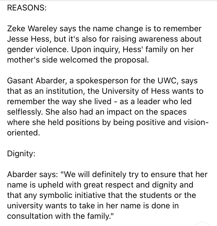 Today, our proposal to have the New Arts Building at <a href="/UWConline/">UWC</a> named after #JesseHess was featured in the <a href="/Sonkoerant/">Son Koerant</a>. 

English and Afrikaans version attached.