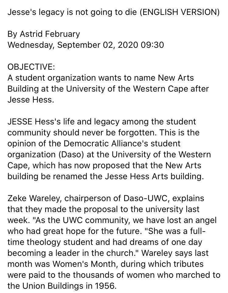 DASOUWC's tweet photo. Today, our proposal to have the New Arts Building at @UWConline named after #JesseHess was featured in the @Sonkoerant. 

English and Afrikaans version attached. https://t.co/23FM8L0Lhn