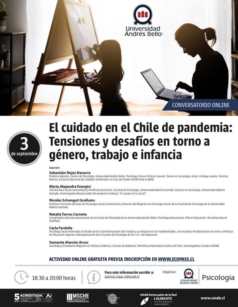 PsicologiaUnab (@psicologiaunab) on Twitter photo Mañana jueves 3 a las 18:30 se realizará el conversatorio “El cuidado en el Chile de pandemia:tensiones y desafíos en torno a género, trabajo e infancia” donde participarán nuestros profesores Natalia Torres y <a href="/sebarojasn/">Sebastian Rojas N.</a> Actividad gratuita! Inscripciones: ecopass.cl/events/detail=… Mañana jueves 3 a las 18:30 se realizará el conversatorio “El cuidado en el Chile de pandemia:tensiones y desafíos en torno a género, trabajo e infancia” donde participarán nuestros profesores Natalia Torres y <a href="/sebarojasn/">Sebastian Rojas N.</a> Actividad gratuita! Inscripciones: ecopass.cl/events/detail=…