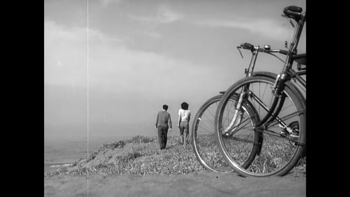 Ozu flips to the other side but uses the stationary bikes to acclimate us to the geography. Again he takes up most of the frame with nature, sky and ocean and sand and vegetation. It’s a beautiful day and even bicycles seem at peace with their surroundings.