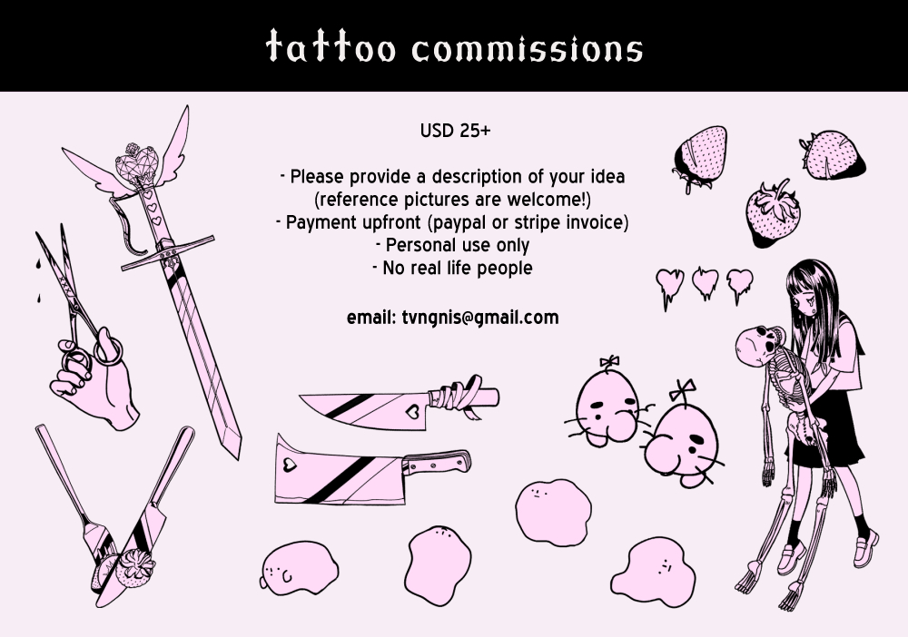 Opening tattoo commissions, 3 slots available! ??
Send me an email me if you're interested (no dm please!) 