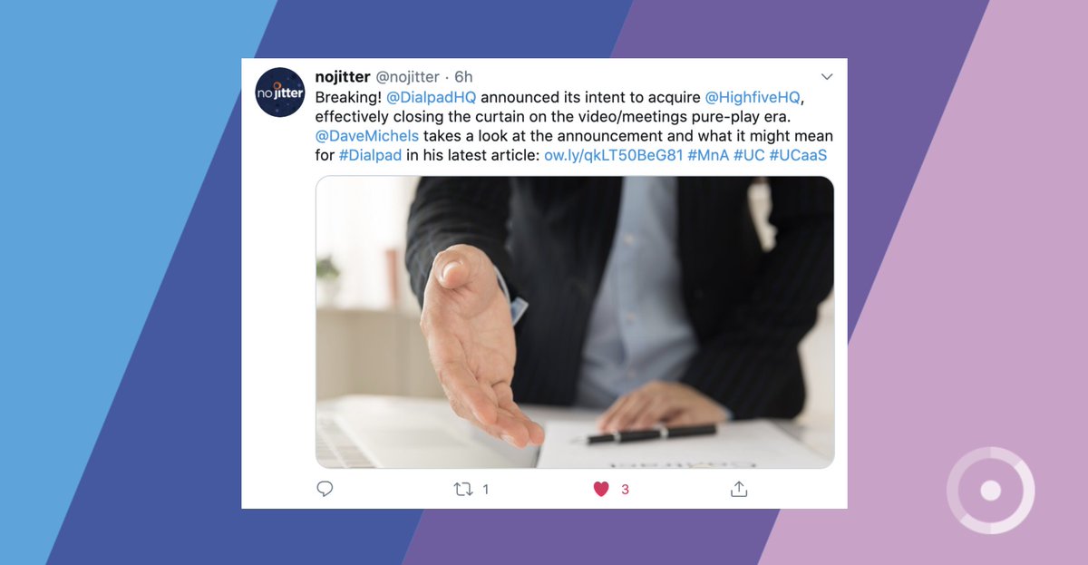 “#Highfive has some impressive tech that could thrive at #Dialpad. In addition to high-quality, browser-based #video, the company has a strong foundation in room systems… " 



More of <a href="/DaveMichels/">Dave Michels</a>' take on our alliance w/ @DialpadHQ on <a href="/nojitter/">nojitter</a> &gt; highfive.social/nojitter