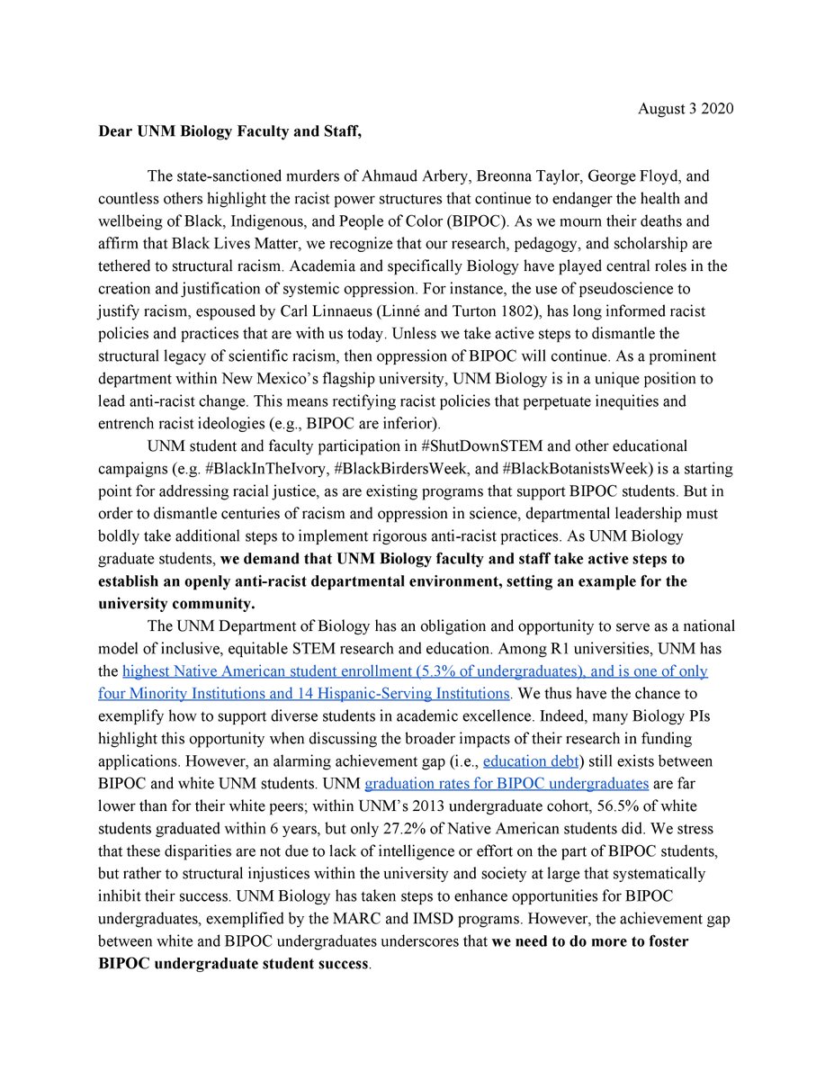 A group of grad students wrote a letter seeking  #antiracist actions from  @UNM Bio.There is no neutrality in situations of injustice. Either we dismantle these systems or we participate in perpetuating them. Sign in solidarity→  https://forms.gle/dfjMcvPFn3r1R4DF6  #BlackLivesMatter   (1/5)