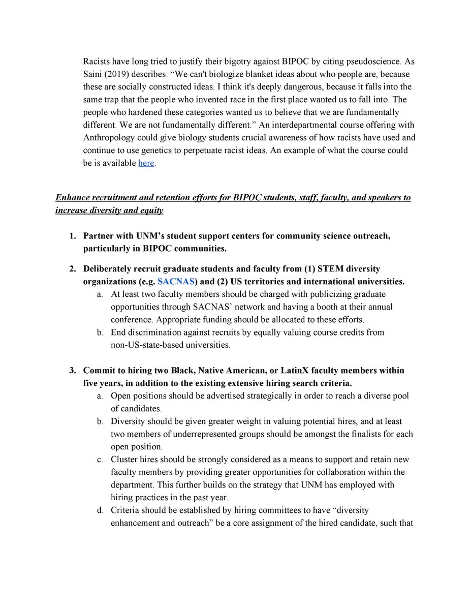 In 2018,  @UNM Biology’s graduate student body was 78% white. No Black individuals and only two Native Americans received UNM Bio graduate degrees btw 2014 and 2018. Additionally, UNM Bio has no Indigenous or Black and very few Hispanic faculty. (3/5) #diversitymatters