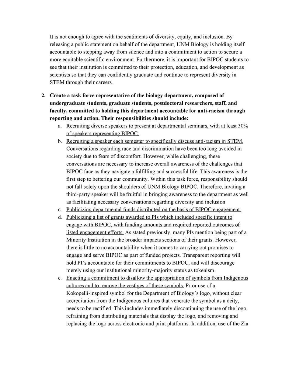 We must use this moment as a call to action to recruit & support  #BIPOC faculty & grad students. We believe that hiring BIPOC faculty & staff is fruitless unless it is accompanied by structural changes that allow BIPOC to thrive & have power. Questions? unmbio.dei@gmail.com (4/5)