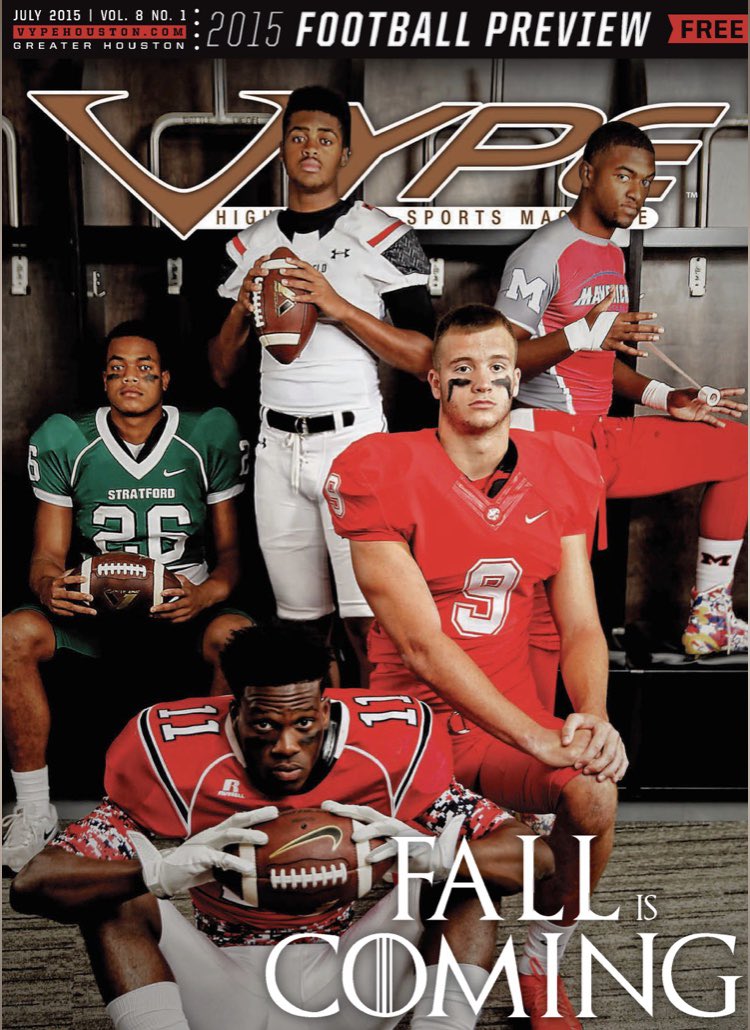 vypehouston's tweet photo. VYPE Football Preview Magazine Cover Countdown: 2015
Five years ago @boyd_rakeem , @PassDMC, @IBallLikeMelo_ , @traviswhillock and Deontay Anderson graced this cover. #txhsfb #CoverCountdown https://t.co/oyOIs2Ggvv