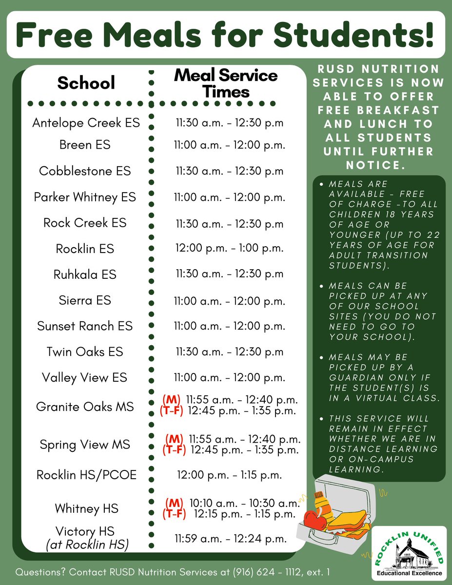 RocklinUnified's tweet image. RUSD Families: RUSD Nutrition Services will now serve breakfast and lunch at no charge to ALL students! Based on a federal program, we are able to offer this service to families until further notice.  For more info, view the flyer below or visit schoolnutritionandfitness.com/index.php?sid=….