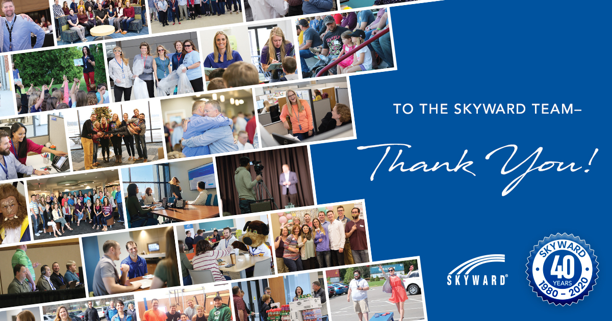 Skyward_Inc's tweet photo. To the Skyward team—
THANK YOU for your hard work and dedication to Skyward and school districts around the world. You will never know all the people—employees, students, and families—you’ve helped, but may you know just how appreciated you are. 💙🙌 #40YearsOfSkyward https://t.co/cecpuprgc4