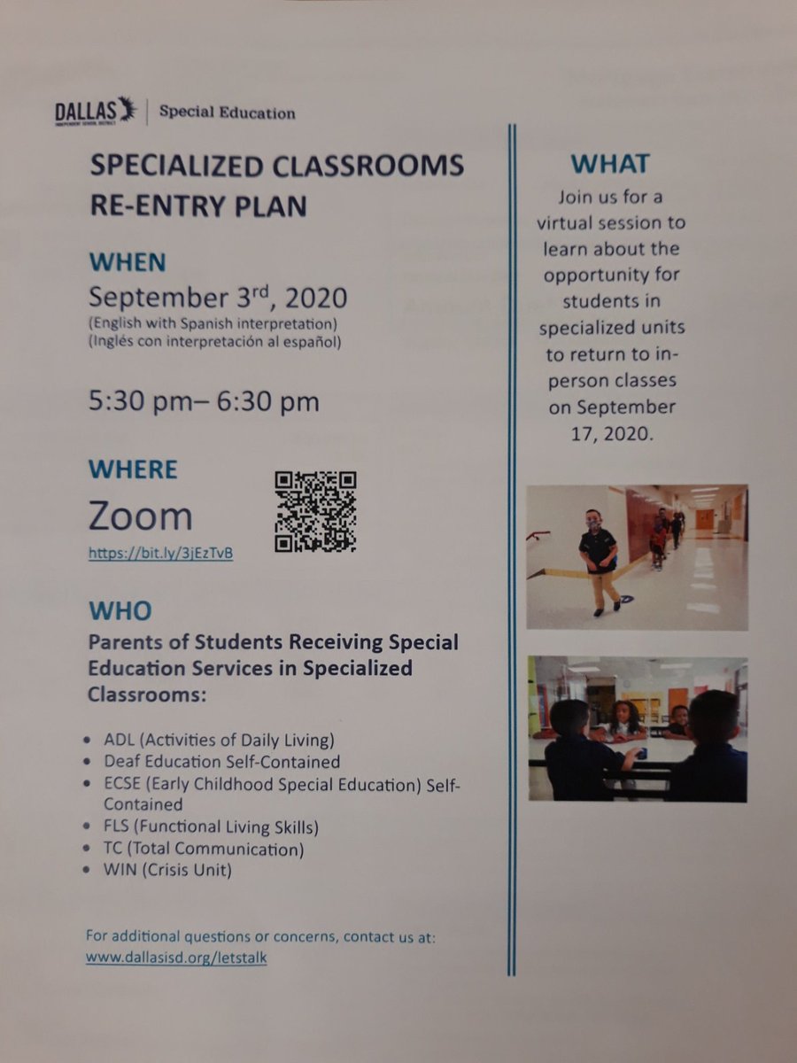 Below are details regarding an information session about the re-entry plan for students receiving special education services in  specialized classrooms.
<a href="/dallasschools/">Dallas ISD</a> <a href="/AttendanceDISD/">AttendanceInterventionPrograms</a> <a href="/DISDSPED/">Dallas ISD Special Services</a> <a href="/dallasisdparent/">Dallas ISD Parents</a>
