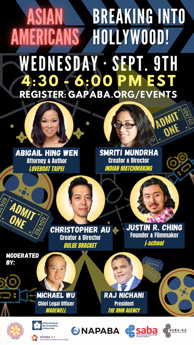 GAPABALaw's tweet photo. #AsianAmericans Breaking into #Hollywood! Don't miss this #Webinar on 9/9 on how we can support #APA creators/directors to ensure greater #AAPI presence in #Media! REGISTER NOW: https://t.co/TlIbiRYgqV @abigailhingwen @SmritiMundhra @justinrching @auchie_ @NAPABA @SABALegal https://t.co/BTqxxsdyq4