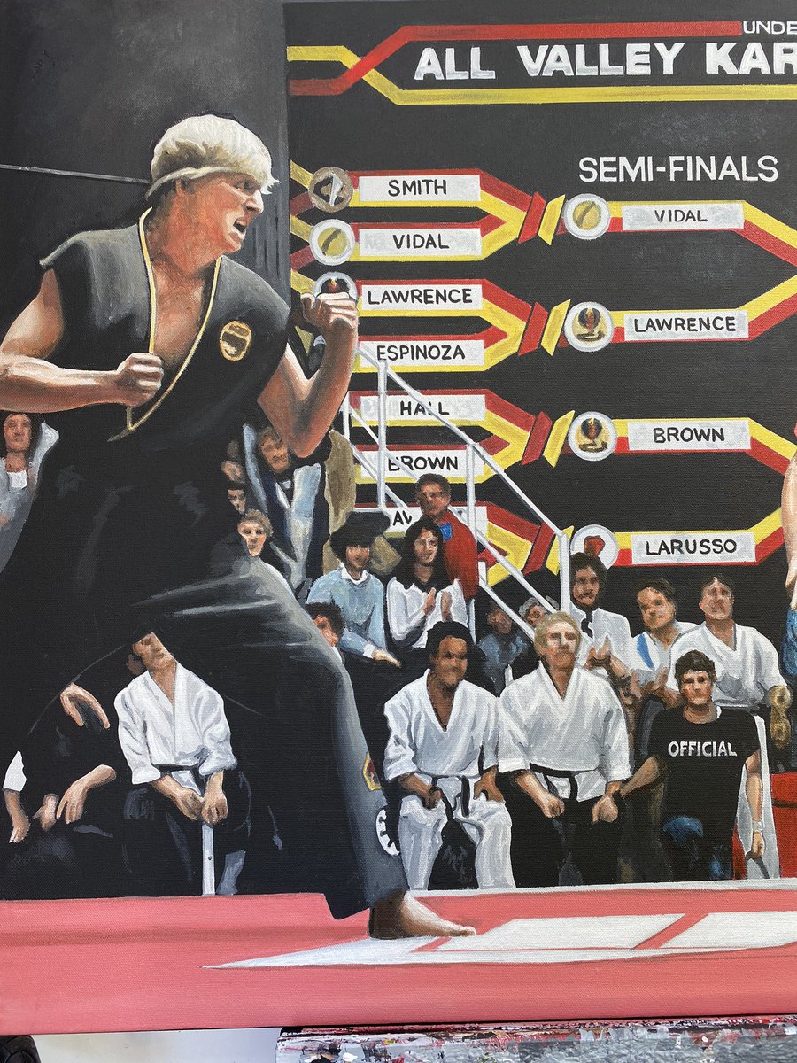 RossBainesArt's tweet image. As an 80’s kid who watched The Karate Kid about 100 times while kicking my brother with the ‘crane kick’ every 5 minutes it was a dream painting this piece.
If I got a follow from ‘Daniel’ @ralphmacchio and ‘Johnny’ @WilliamZabka it would make my day! 
RT please! Make it happen👊
