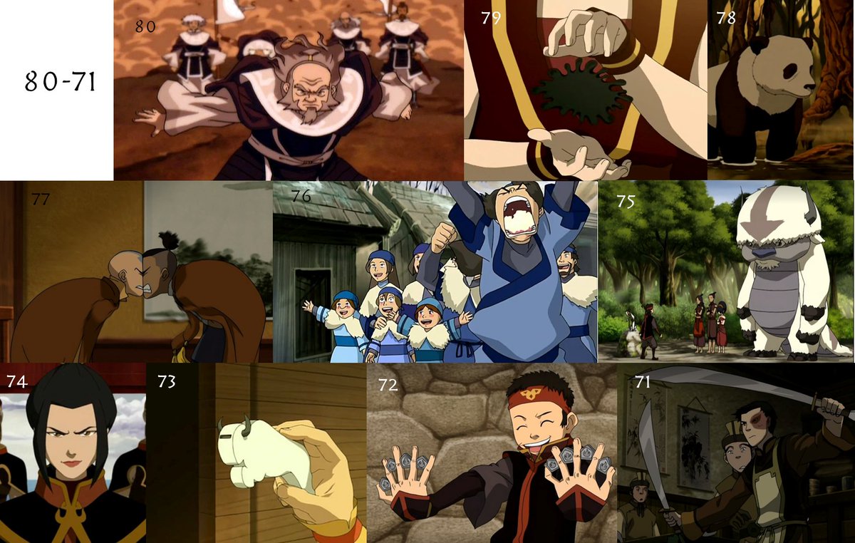 80. The White Lotus79. Toph's Meteor Bracelet78. Hei Bai77. Aang & Sokka's Dumb Friendship76. Foaming at the Mouth Guy75. Aang's Mental Breakdown74. Azula's Chime73. The Bison Whistle72. Sokka, Toph, & Aang Gleefully Participating In Petty Crime71. Zuko Works retail