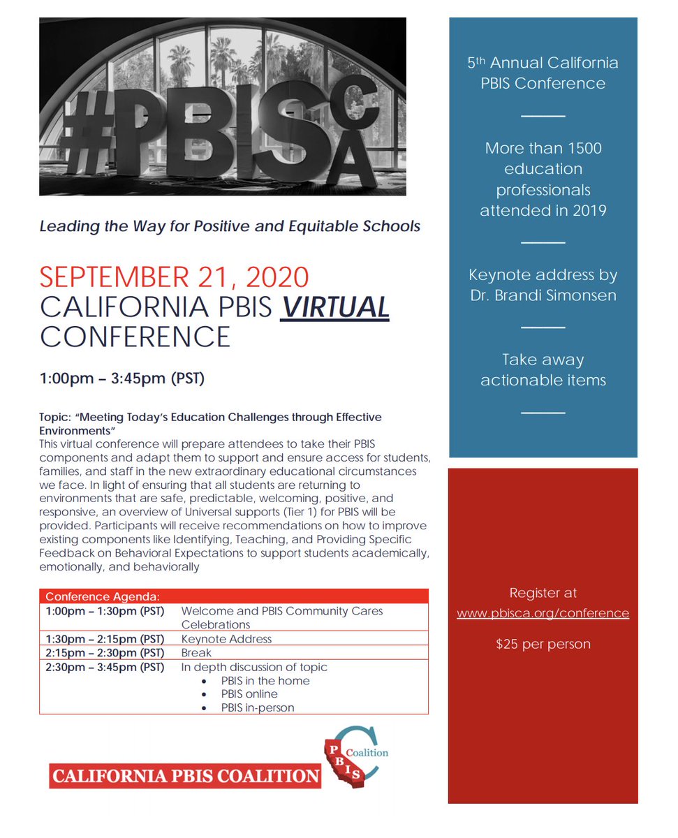 SBCSS_Prev_Intv's tweet image. The 2020 California PBIS Conference is going virtual on Sept 21! Join us and PBIS teams from across the state as we explore essential #PBIS pivot points for #distancelearning and #returntoschool . #CAPBIS #SBCSSpbis